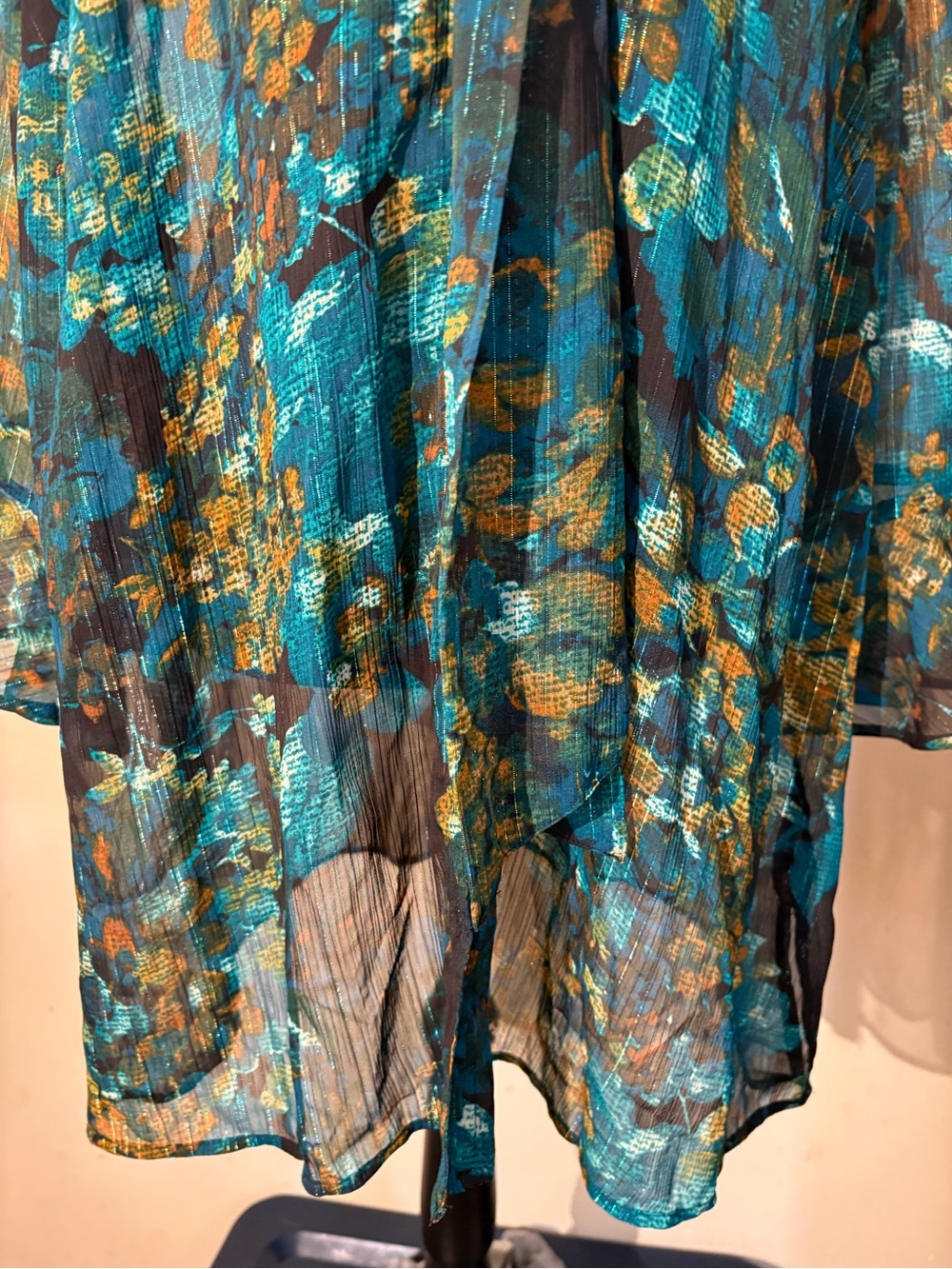 Sheer Teal & Gold Floral Tie-Neck Blouse-with Glimmering Silver Threading! - Picture 5 of 16